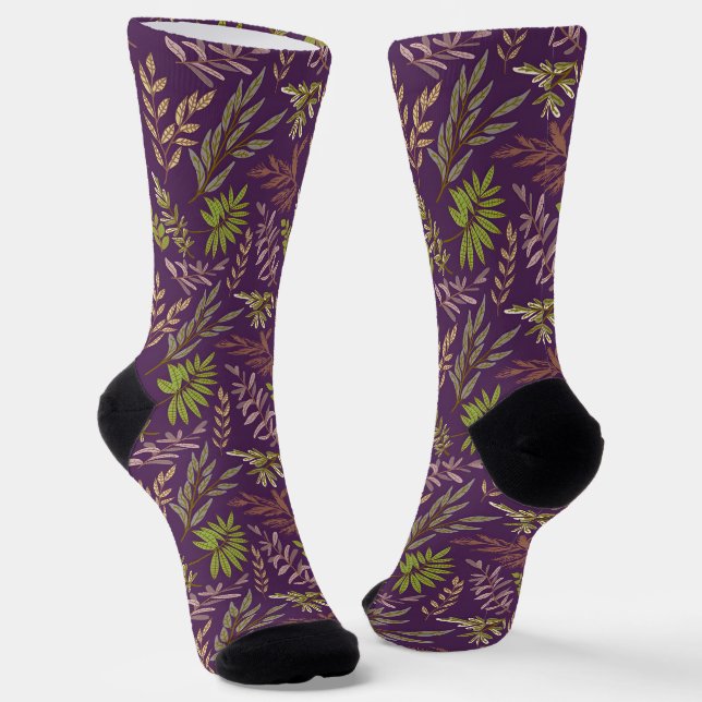 Botanical Leaves: A Stunning Purple Back Socks (Angled)