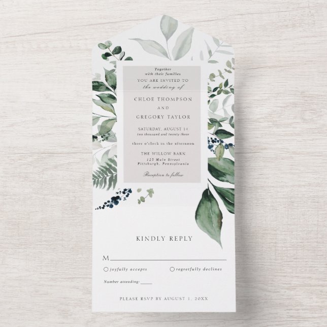 Botanical Leaves and Greenery Wedding All In One Invitation (Inside)