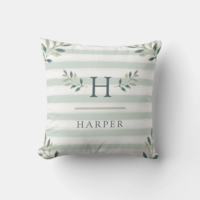Botanical Leaves and Sage Green Stripes | Monogram Cushion (Front)