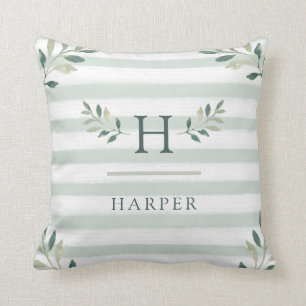 Botanical Leaves and Sage Green Stripes   Monogram Cushion