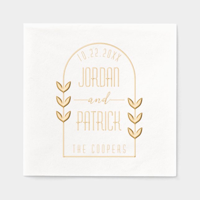Botanical Leaves Arched Frame Personalised Wedding Foil Napkins (Front)