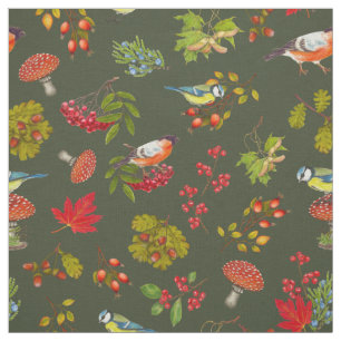 Botanical Leaves Berries Plants and Birds Autumn Fabric