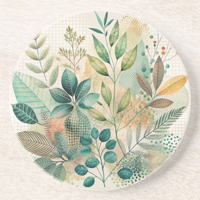 Botanical Leaves Collage Sandstone Coasters (Front)