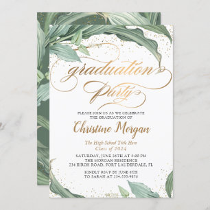 Botanical Leaves Gold Script Graduation Party Invitation