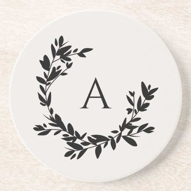 Botanical Leaves Initial Monogram Ivory and Black Coaster (Front)