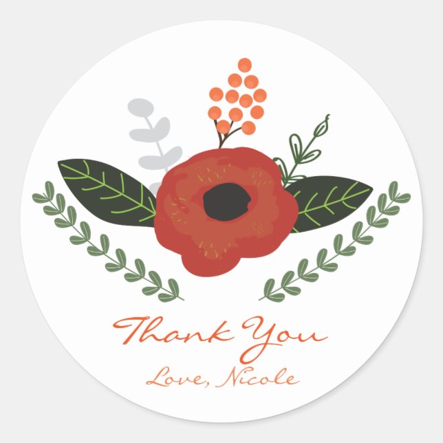 Botanical Leaves & Orange Flower Favour Stickers (Front)
