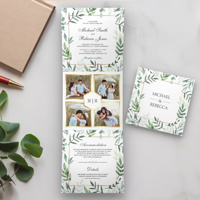 Botanical Leaves Photo Collage Greenery Wedding Tri-Fold Invitation (Creator Uploaded)