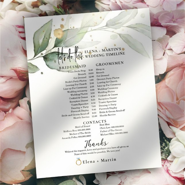 Botanical Leaves Script Text Wedding Day Timeline (Creator Uploaded)