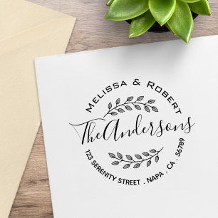 Botanical Leaves Shaded Wreath Couple Address 2 Rubber Stamp