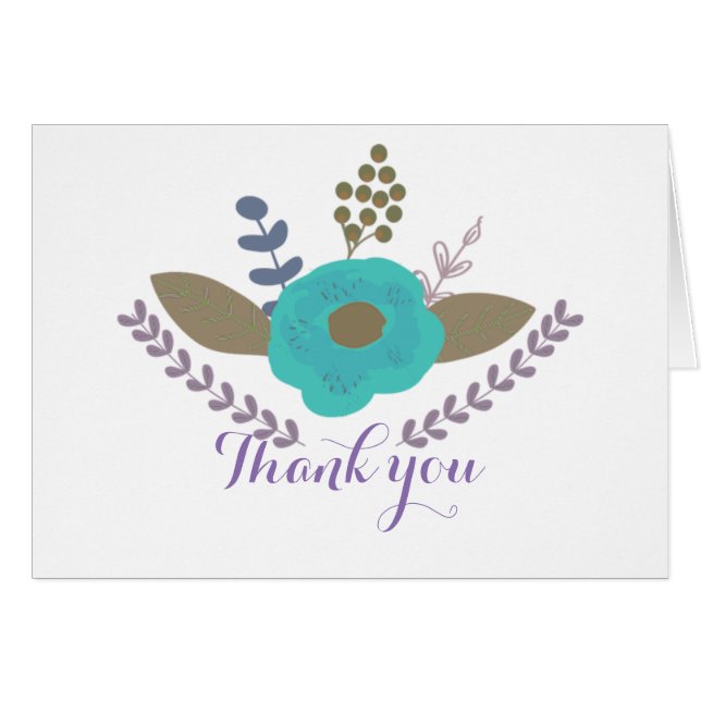 Botanical Leaves & Teal Blue Floral Thank You Card (Front Horizontal)