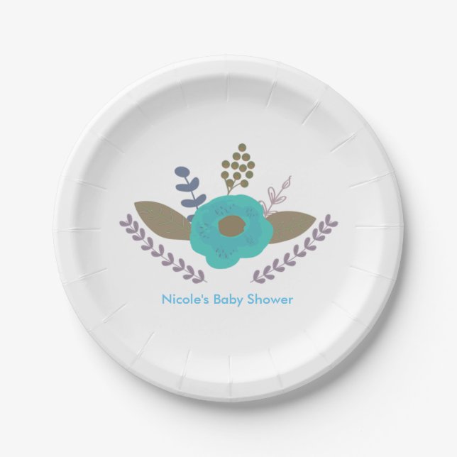 Botanical Leaves Vintage Teal Blue Floral Plates (Front)