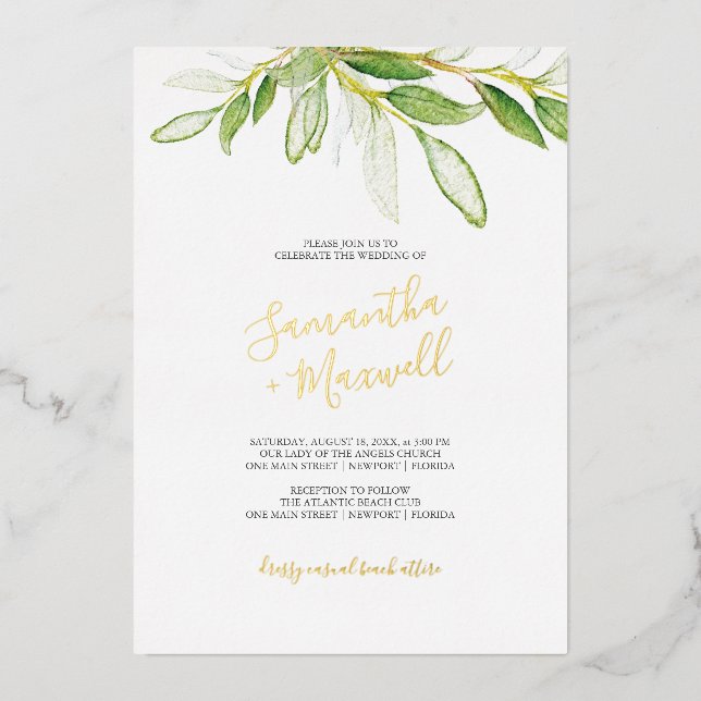 Botanical Leaves Watercolo Wedding Foil Invitation (Front)