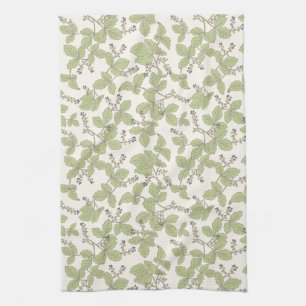 Botanical Leaves with Blossoms and Berries Green Tea Towel