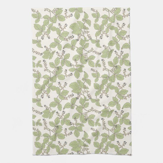 Botanical Leaves with Blossoms and Berries Green Tea Towel (Vertical)