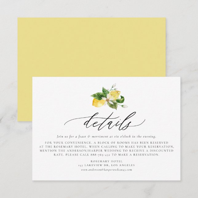 Botanical Lemon and Greenery Accommodations Enclosure Card (Front/Back)
