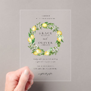 Botanical Lemon and Greenery Summer Wreath Wedding Acrylic Invitations