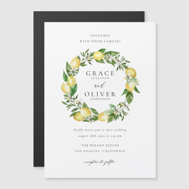 Botanical Lemon and Greenery Wreath Garden Wedding Magnetic Invitation (Front/Back)