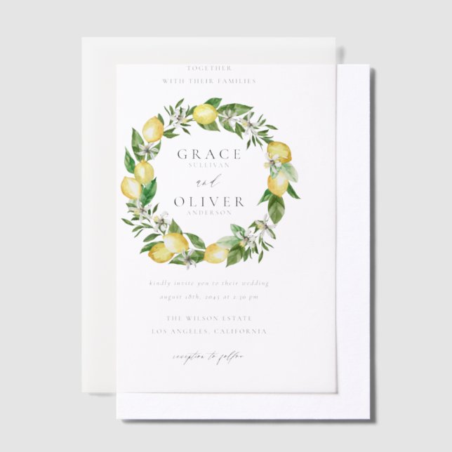 Botanical Lemon and Greenery Wreath Garden Wedding Vellum Invitations (Offset)