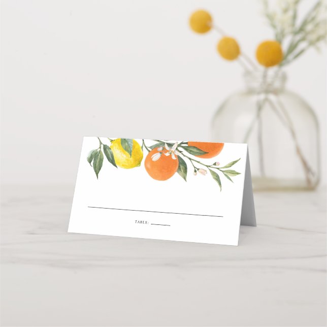 Botanical Lemon and Orange Garland Summer Wedding Place Card (Front)