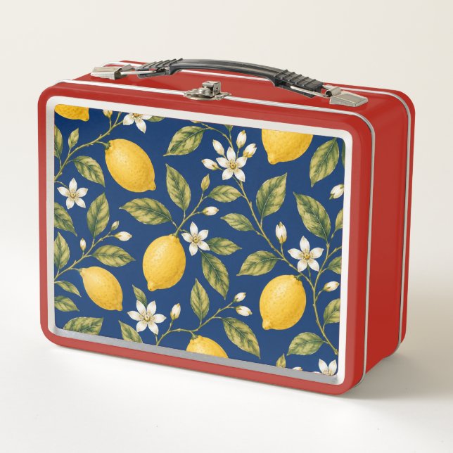 Botanical Lemon Blossom Navy Blue Lunch Box (Front)