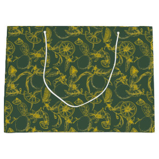 Botanical Lemon Pattern on Green with Label Large Gift Bag