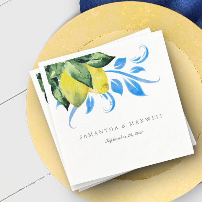 Botanical Lemon Wedding Table Decor Napkin (custom wedding napkins Italian weddings blue and yellow watercolor lemons by Victoria Grigaliunas)