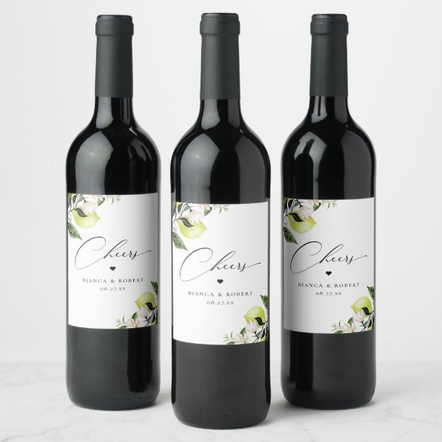 Botanical Lemon Wedding Wine Label (Bottles)