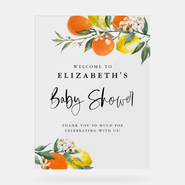 Botanical Lemons and Oranges Summer Baby Shower Acrylic Sign (Front)