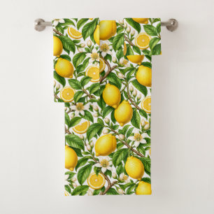 Botanical Lemons and White Blossoms Bath Towel Set