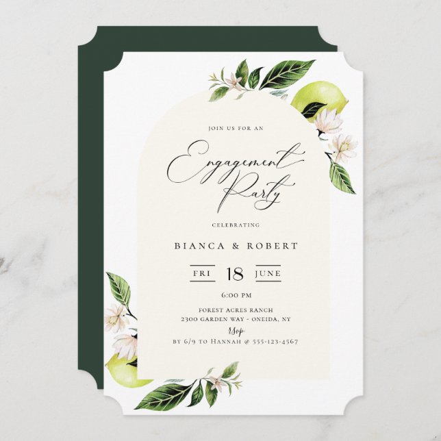 Botanical Lemons Arch Frame Engagement Party Invitation (Front/Back)