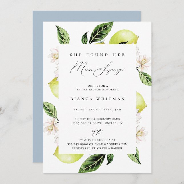 Botanical Lemons Main Squeeze Bridal Shower Invitation (Front/Back)