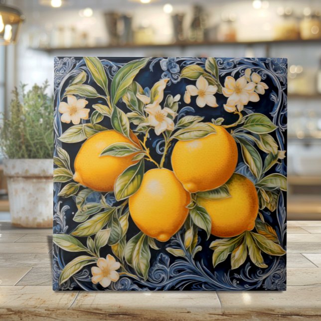 Botanical Lemons Navy Tile (Botanical Italian Lemons on Navy - Ceramic Tile with filigree and blossoms)