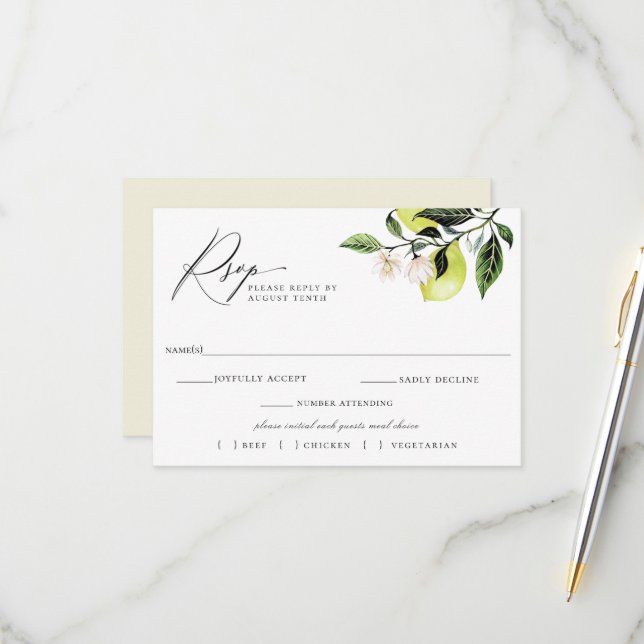 Botanical Lemons Wedding RSVP Meal Choice Card (Front/Back In Situ)