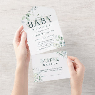 Botanical Letter Girl Baby Shower   Diaper Raffle  All In One Invitation