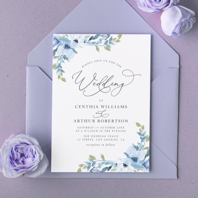 botanical light blue watercolor floral wedding invitation (Creator Uploaded)