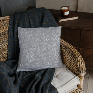 Botanical Light Grey White Leaves Floral Pattern Cushion