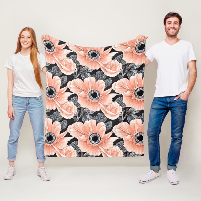 Botanical Light Peach Floral Pattern  Fleece Blanket (In Situ)