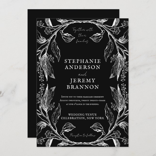 Botanical Line Art Frame Black Invitation (Front/Back)