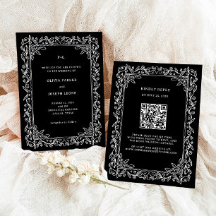 Botanical Line Art Frame Black QR Code Wedding Invitation