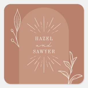 Botanical Line Art Script Terracotta Wedding Square Sticker