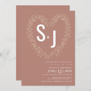 Botanical Line Art Wreath Heart Wedding Earth Tone Invitation