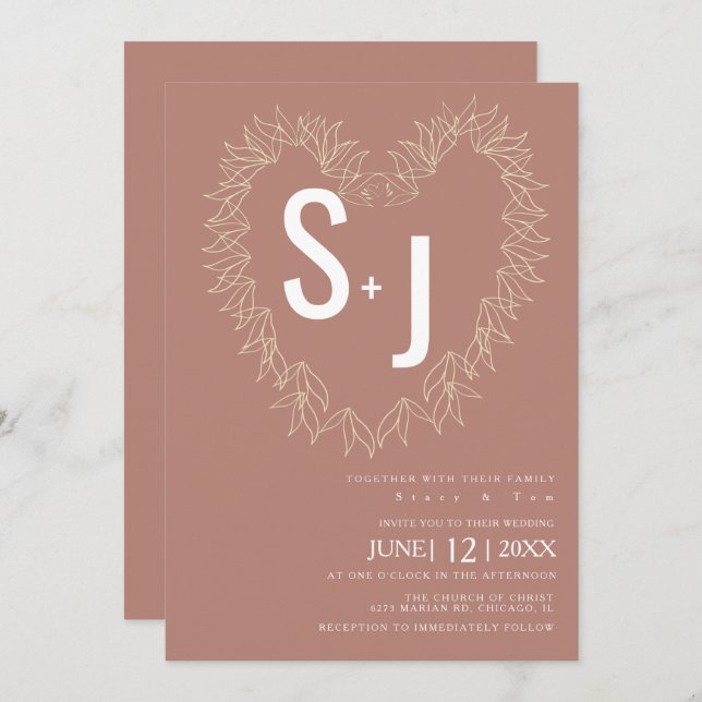 Botanical Line Art Wreath Heart Wedding Earth Tone Invitation (Front/Back)