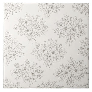 Botanical Line Bouquet Pattern Ceramic Tile