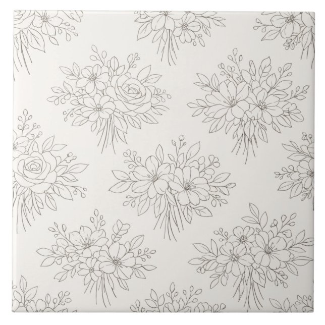 Botanical Line Bouquet Pattern Ceramic Tile (Front)