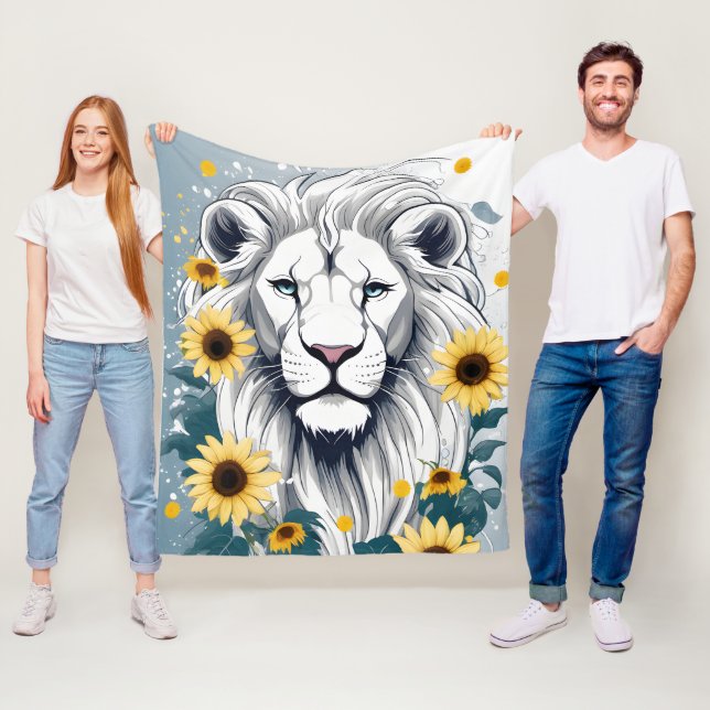 Botanical Lion Portrait Painting, Sunflower Lion Fleece Blanket (In Situ)
