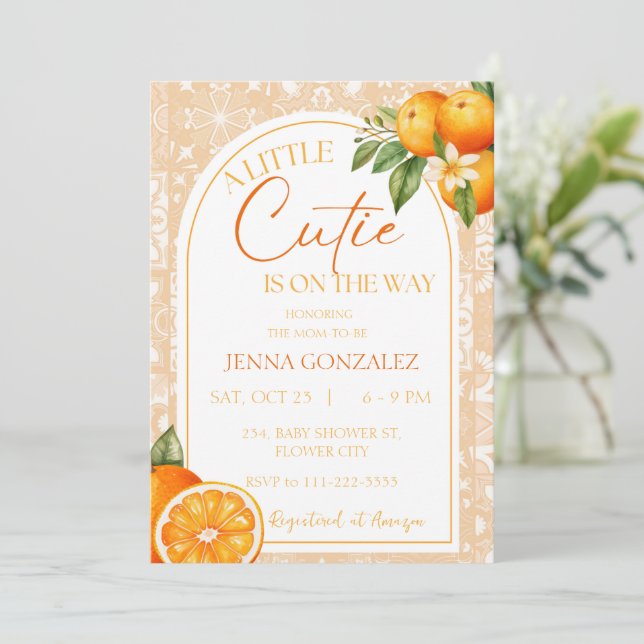 Botanical Little Cutie Citrus Orange Baby Shower Invitation (Standing Front)