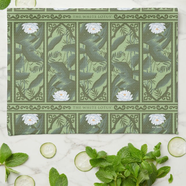 Botanical Lotus Panel Pattern - The White Lotus Tea Towel (Folded)