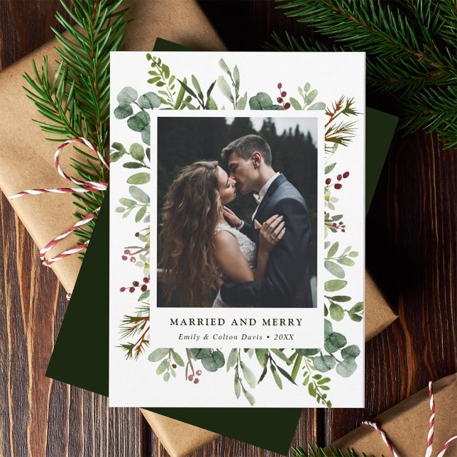 Botanical Married & Merry Greenery Newlywed Photo Holiday Card (Creator Uploaded)
