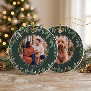 Botanical Merry Christmas Photo Ceramic Ornament