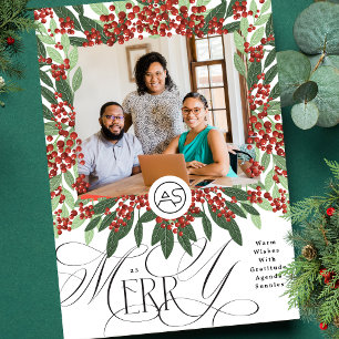 Botanical Merry Christmas Photo & Logo Business Holiday Card